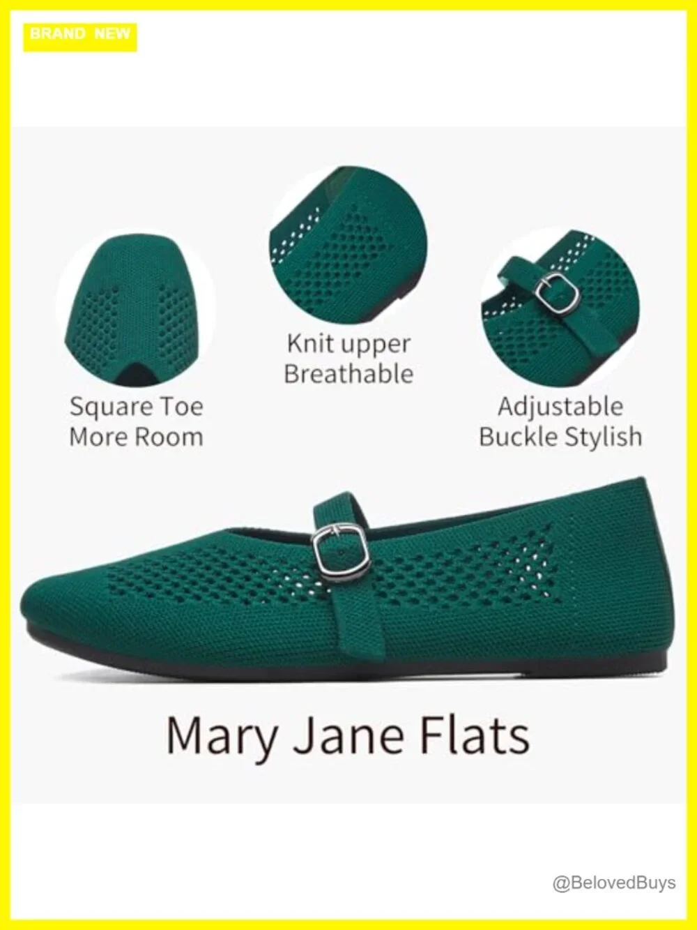 Women's Square Toe Knit Mary Jane Flats with Adjustable Buckle